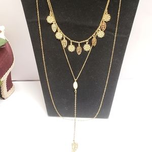 Gorgeous Gold Tone 3 Layer Leaf Crystal Necklace